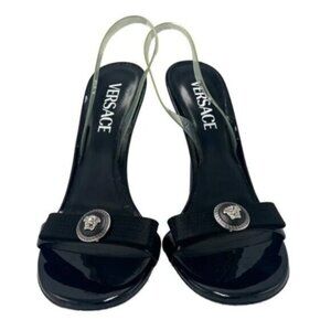 Versace Gianni Ribbon Black Medusa 100mm Slingback Heels Sandals